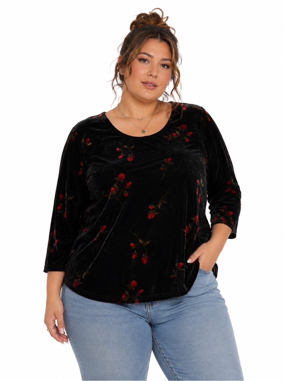90s Vintage Velvet Rose Floral Blouse (Black/Red) Size XL
